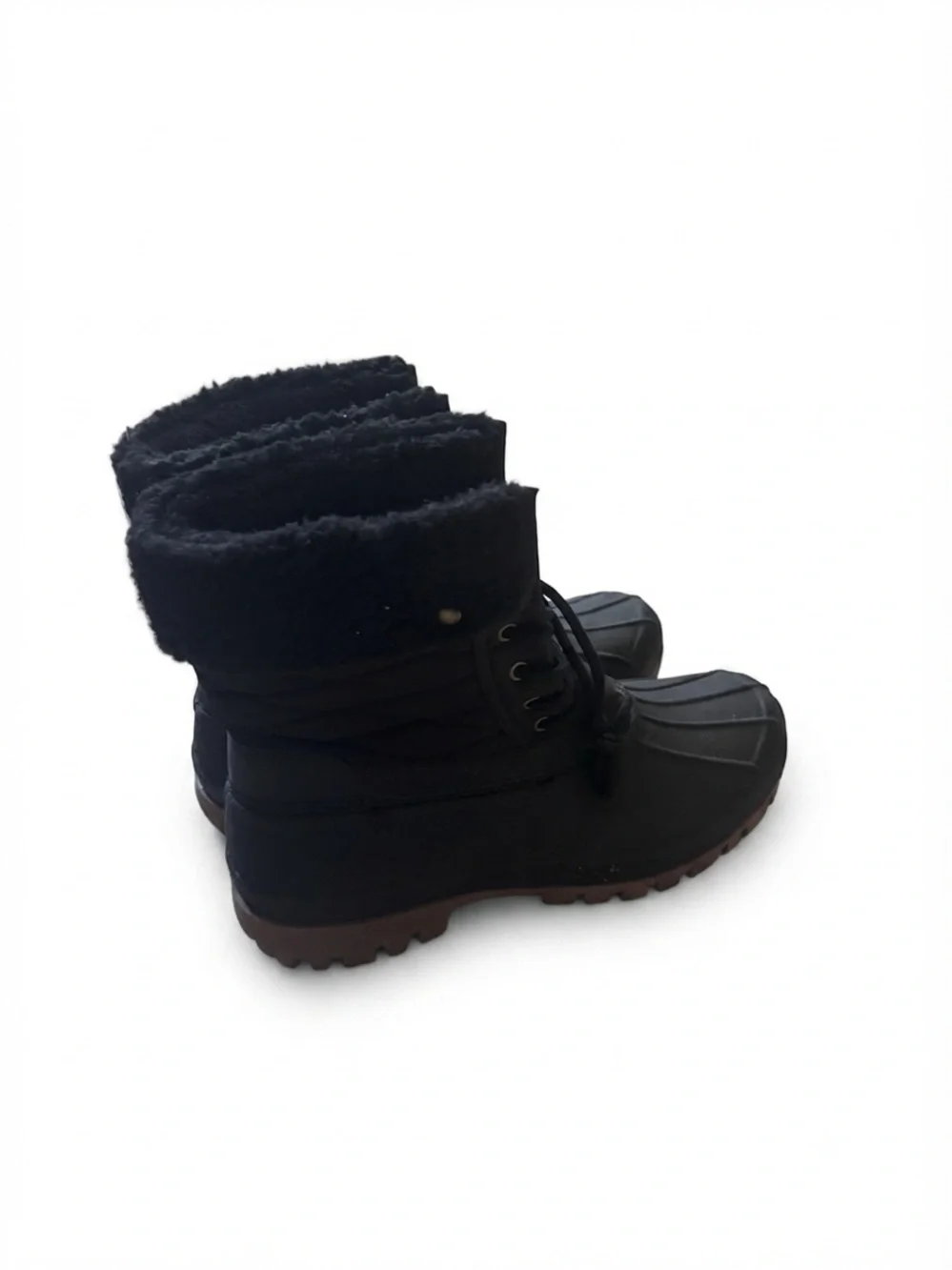 Insulated Black Lace-Up Winter Rain Boots with Faux Fur Collar